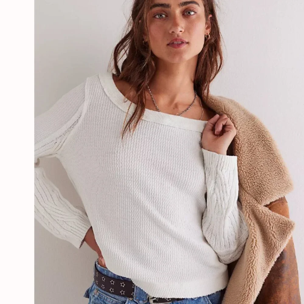 new Free People Swinging Cable 100% cotton Cuff Top  Shirt 267 2S4